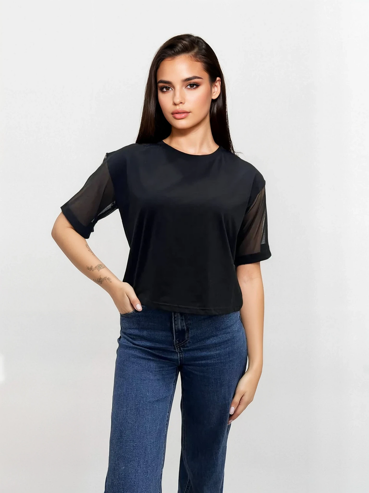 Tricou combinat cu mâneci din plasă