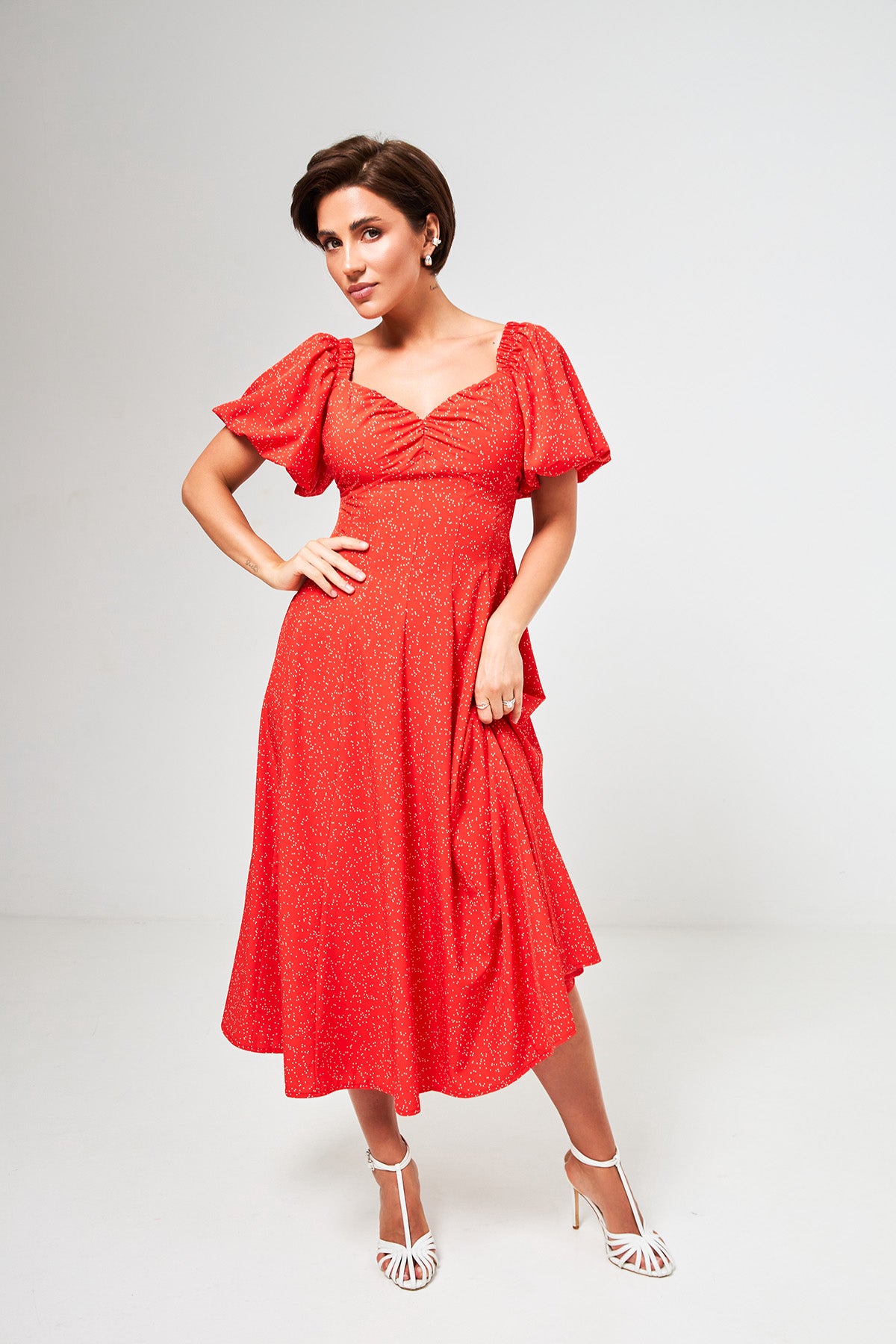 Rochie midi de ocazie cu mâneci clopot