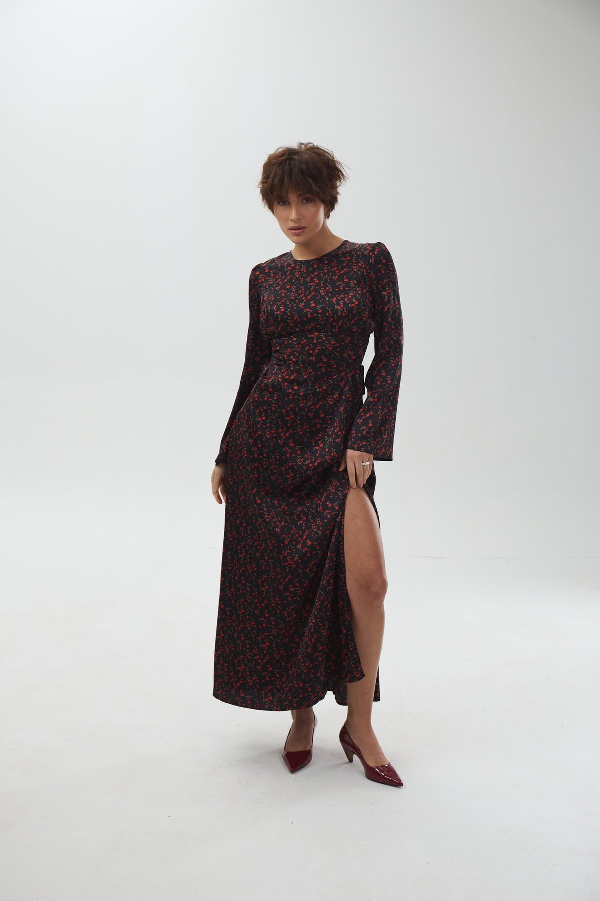 Rochie maxi de ocazie cu efect de corset și șliț înalt