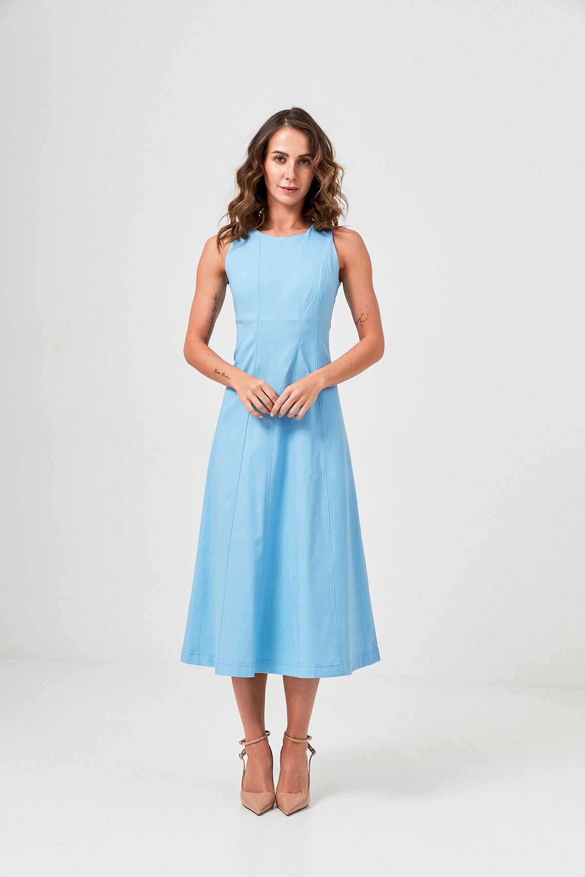 Rochie midaxi din denim bengalină cu cusături decorative