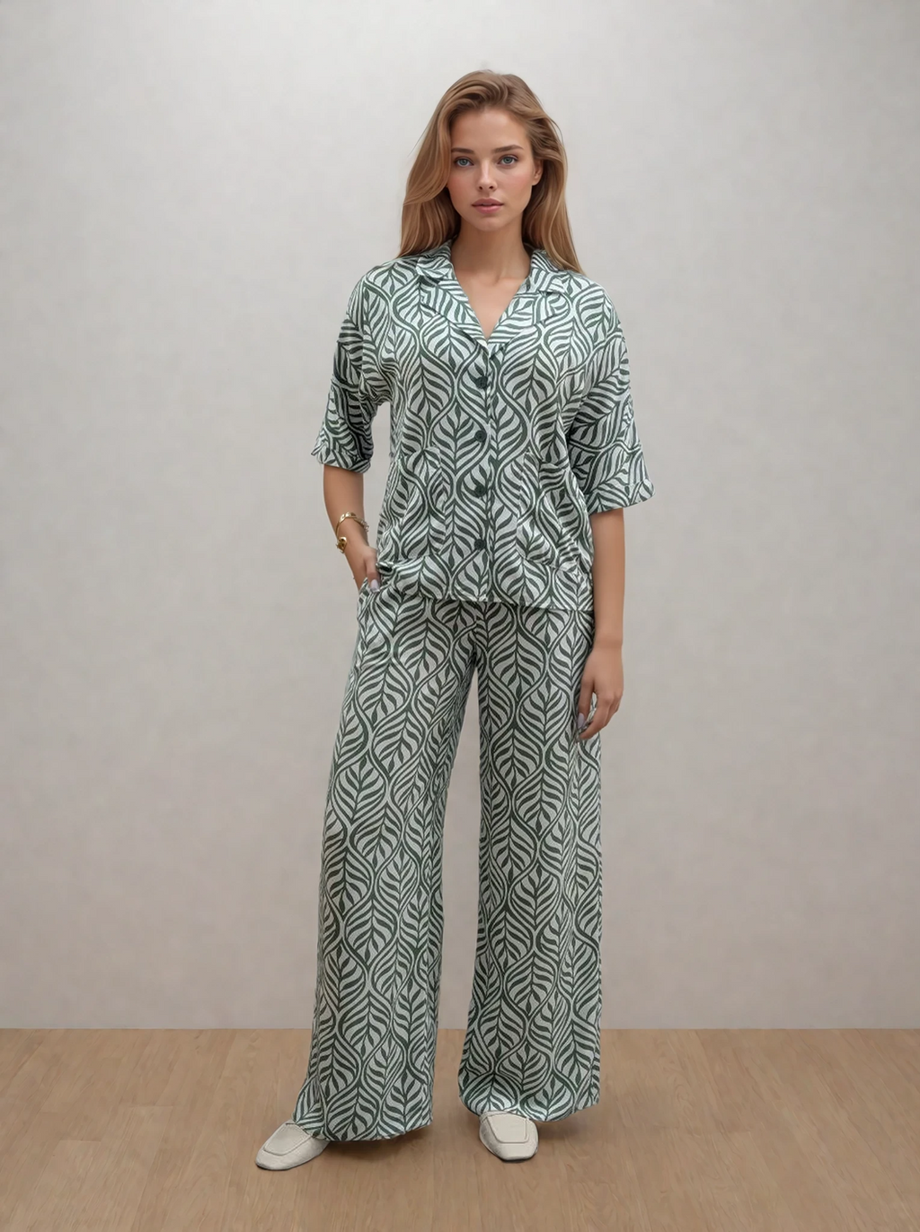 Pantaloni palazzo cu talie elastică înaltă