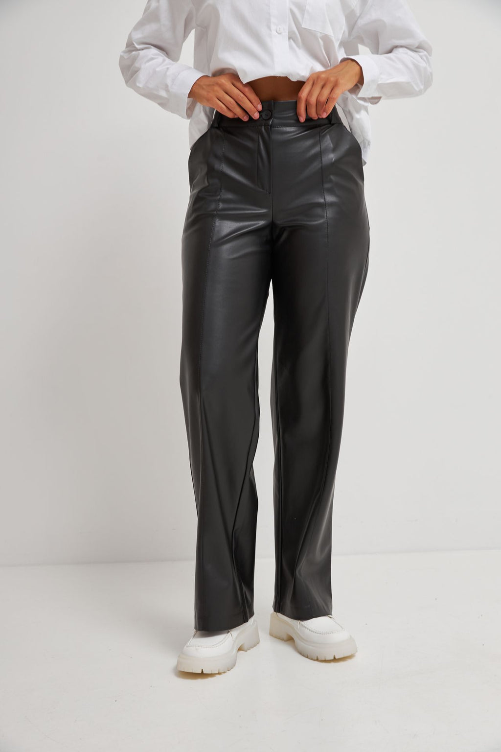 Pantaloni palazzo din piele cu talie elastică