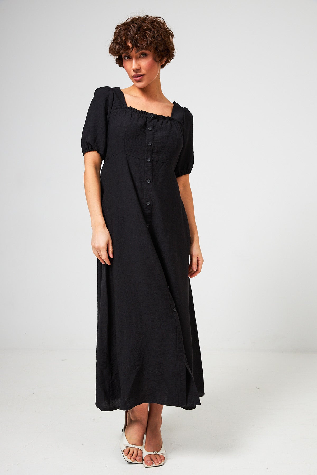 Rochie maxi din in cu nasturi
