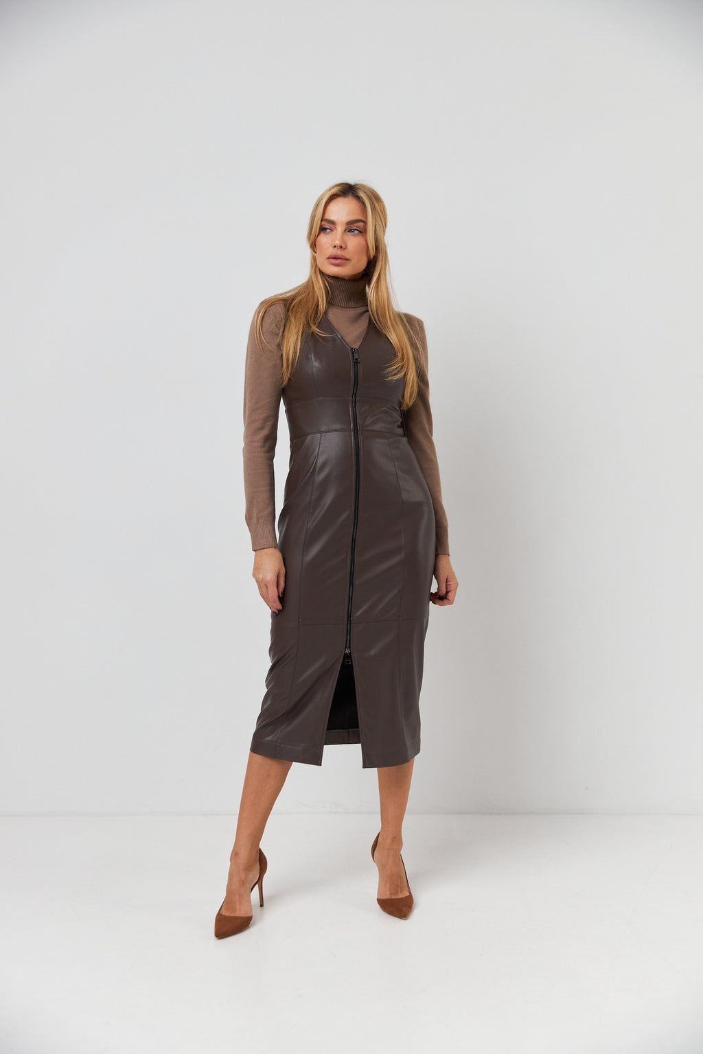Rochie midaxi din piele ecologică cu fermoar