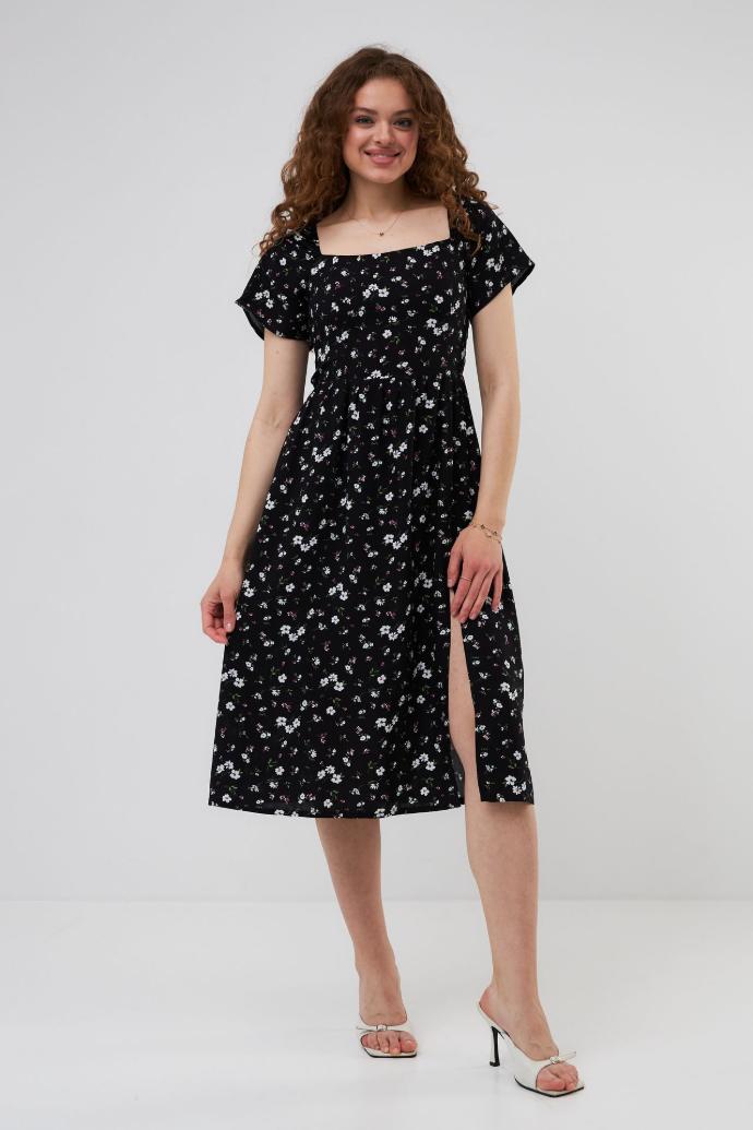 Rochie midi de vară din vâscoză tip ștapel cu șliț