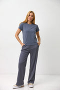 Pantaloni palazzo din tricot reiat cu cordon