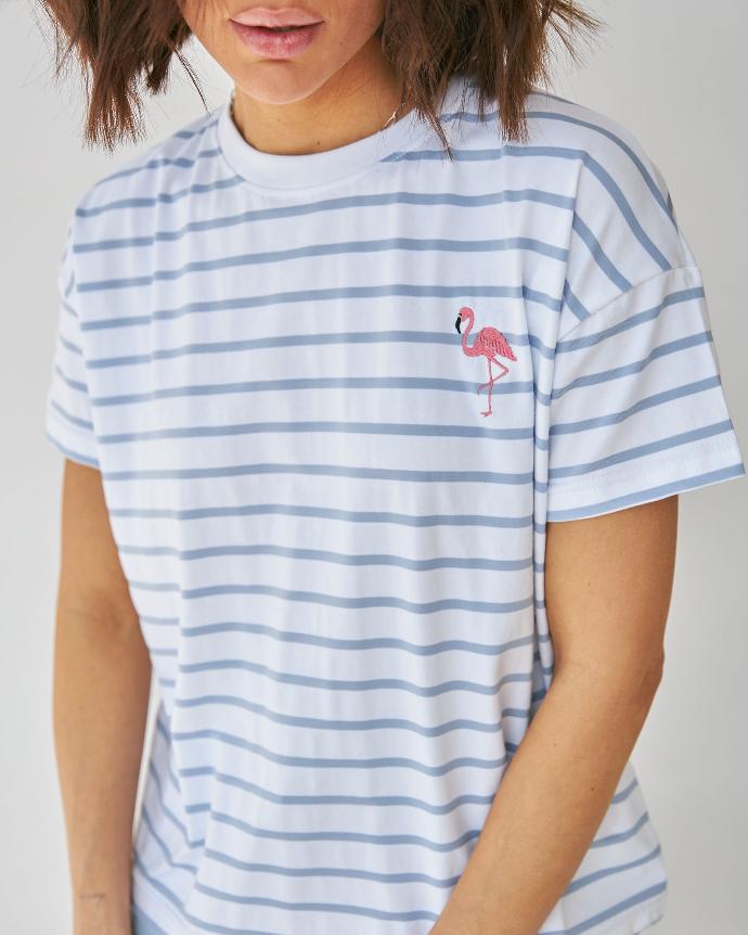 Tricou în dungi cu broderie Flamingo