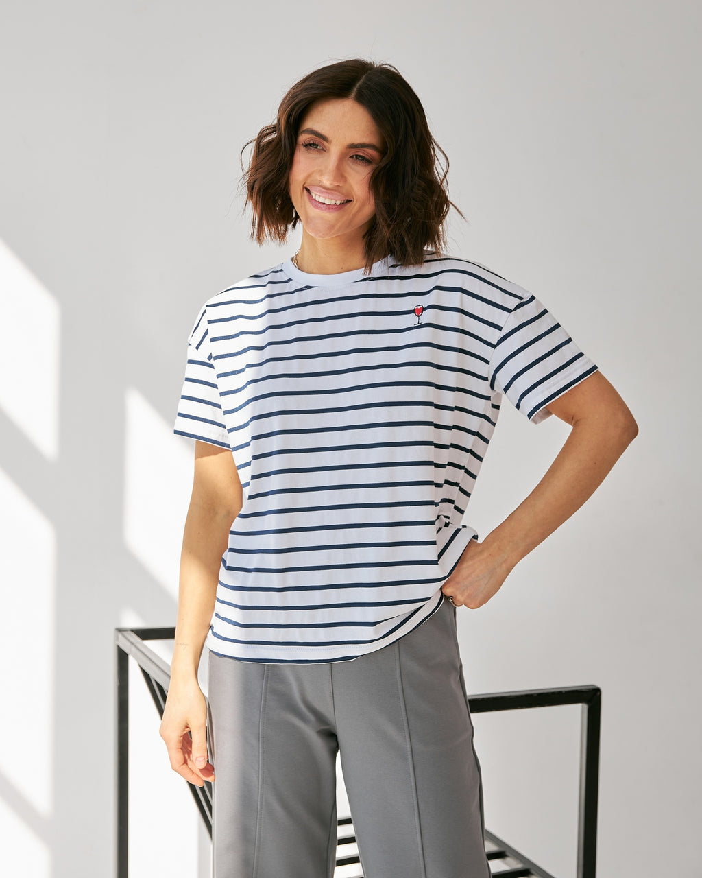 Tricou în dungi cu broderie Pahar