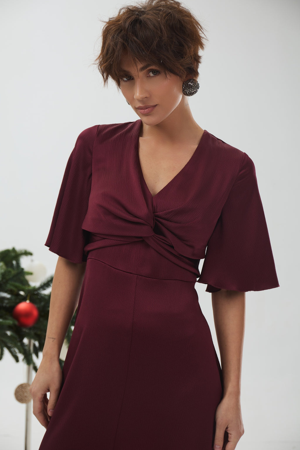 Rochie midi din mătase cu detaliu răsucit, de ocazie
