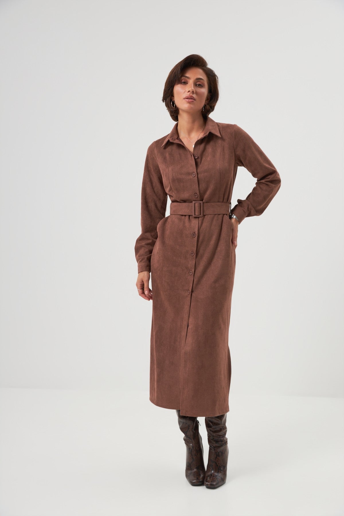 Rochie-cămașă midi cu cordon