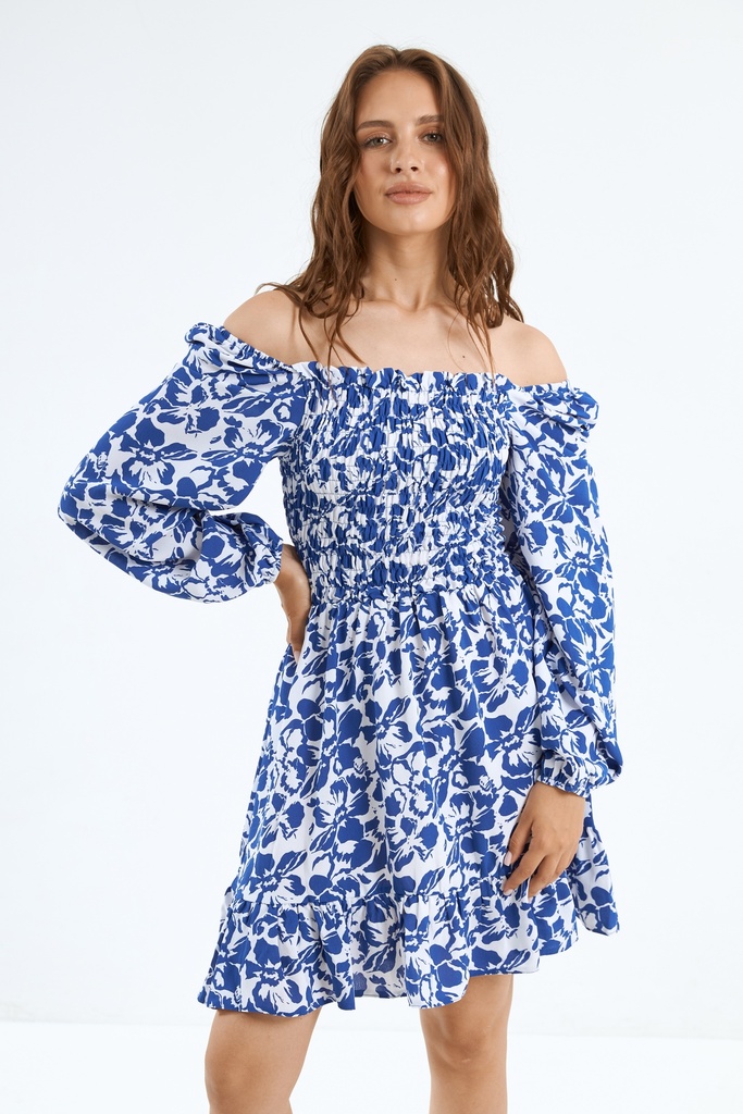 Dress with elastic bust and frill at the base
