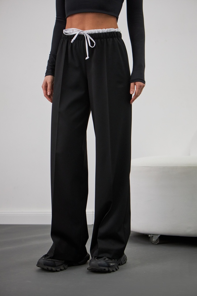 Pantaloni palazzo cu cordon albă elastică 